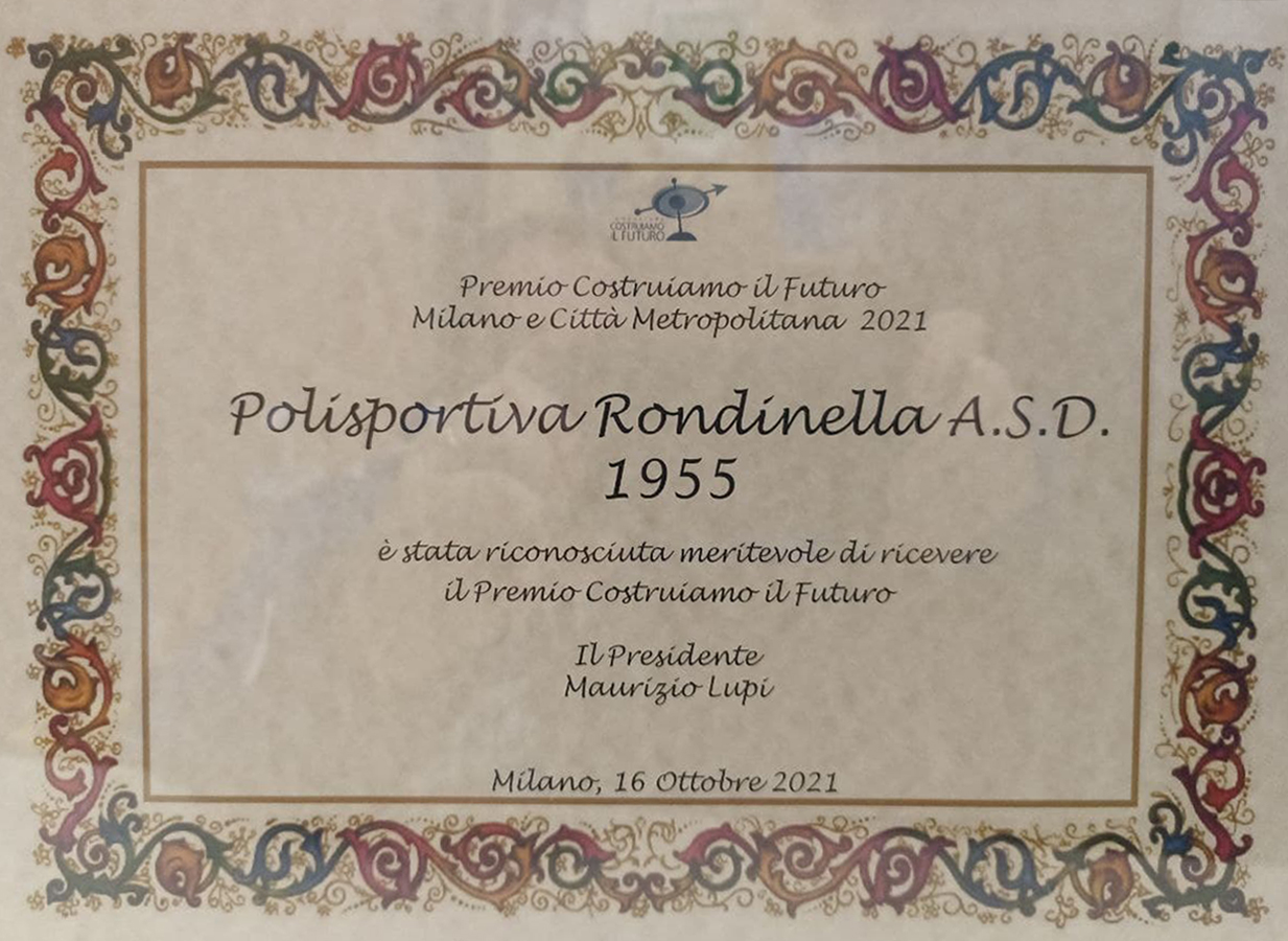 Polisportiva Rondinella Premio Costruiamo il Futuro 2021 Attestato